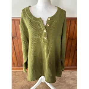 Free People Beach Hailee Waffle Knit Henley Pullover Sweater Green Oversize XL